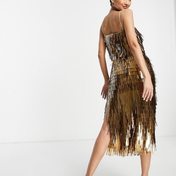 ASOS- Sold Out- Shard Detail Gold Metallic Midi Dress - Picture 3 of 8